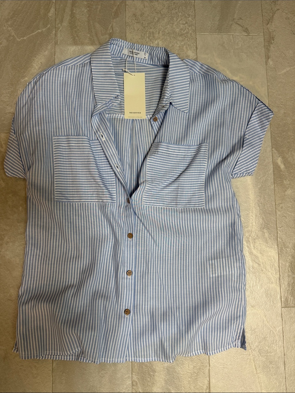 Reserved Blue and White Striped Short-Sleeve Button-Down Top